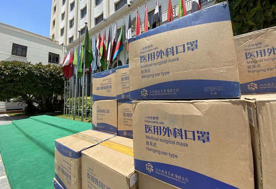 Anti-coronavirus medical materials are seen during a handover ceremony at the headquarters of Arab League in Cairo, Egypt, on July 5, 2020. The Cairo-based Arab League received on Sunday a batch of anti-coronavirus medical aid from the Chinese government. (Xinhua/Ahmed Gomaa)