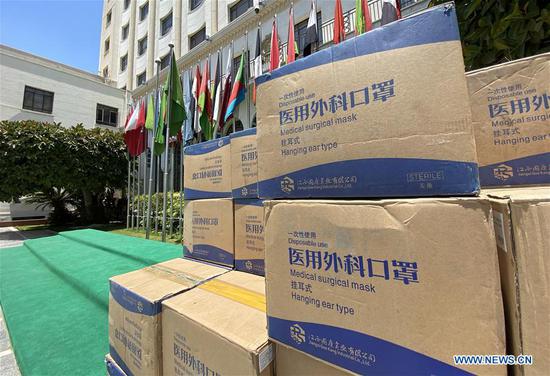 Anti-coronavirus medial materials are seen during a handover ceremony at the headquarters of Arab League in Cairo, Egypt, on July 5, 2020. The Cairo-based Arab League received on Sunday a batch of anti-coronavirus medical aid from the Chinese government. (Xinhua/Ahmed Gomaa)