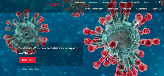 A screenshot taken from modernatx.com on July 14, 2020 shows the graphics and title of U.S. biotech company Moderna's latest release 