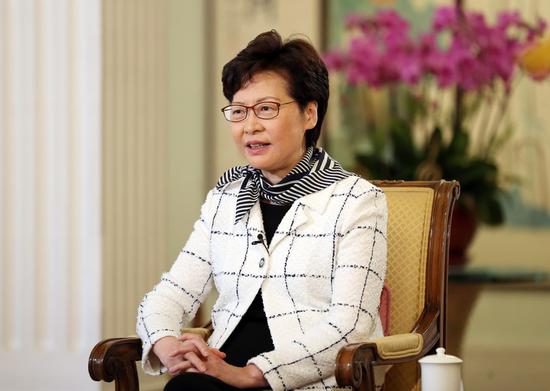 Chief Executive of the Hong Kong Special Administrative Region (HKSAR) Carrie Lam speaks during an exclusive interview with Xinhua in Hong Kong, south China, July 13, 2020. (Xinhua/Li Gang)