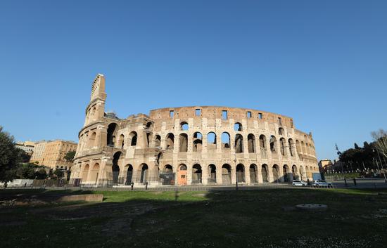 No tourists are seen at the Colosseum in Rome, Italy, March 16, 2020. (Xinhua/ Cheng Tingting)
