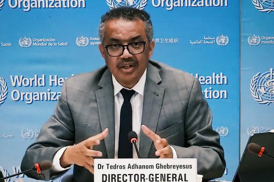 Photo taken in Brussels, Belgium on Aug. 6, 2020 shows World Health Organization (WHO) Director-General Tedros Adhanom Ghebreyesus attending an online press conference held in Geneva, Switzerland. (Xinhua/Zhang Cheng)