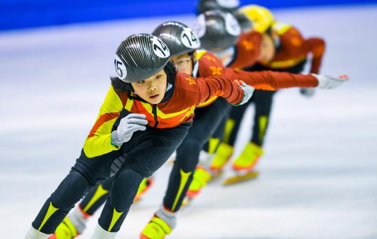 Children attend a short-track skating camp training in Changchun, northeast China's Jilin Province, Aug. 4, 2020. (Xinhua/Yan Linyun)