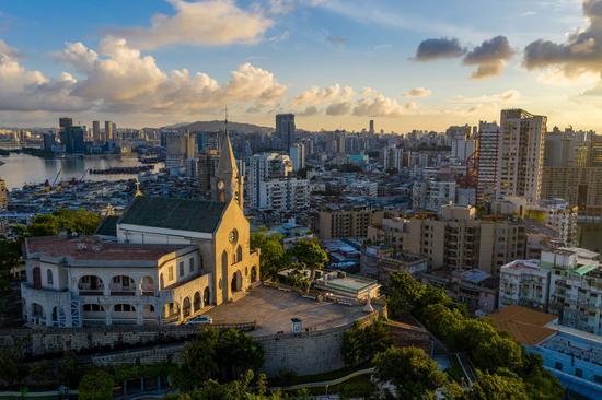 Aerial photo taken on July 29, 2020 shows a view of the Penha Chapel atop Penha Hill in Macao, south China. (Xinhua/Cheong Kam Ka)