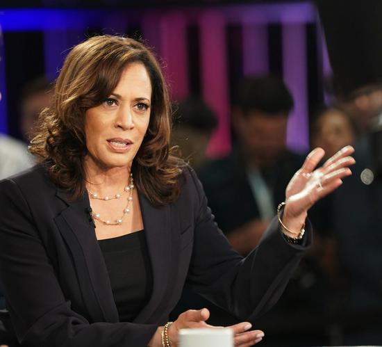 File photo taken on June 27, 2019 shows Senator Kamala Harris of California interviewed after the second night of the first Democratic primary debate in Miami, Florida, the United States. (Xinhua/Liu Jie)