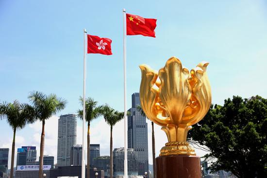 Photo taken on July 14, 2020 shows the Golden Bauhinia Square in south China's Hong Kong, July 14, 2020. (Xinhua/Wu Xiaochu)