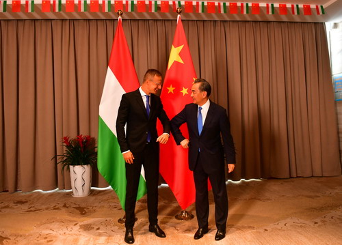 Chinese State Councilor and Foreign Minister Wang Yi and Hungary's Foreign Minister Peter Szijjarto pose for photo in Beihai, Guangxi Zhuang Autonomous Region, August 24, 2020. /China's Ministry of Foreign Affairs
