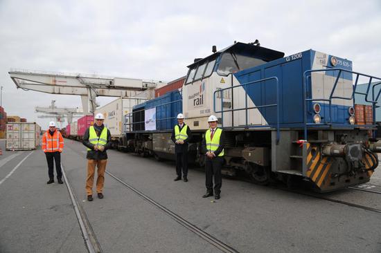 Chinese and German guests attend the welcome ceremony of China-Europe freight train from Wuhan in Duisburg, Germany, April 14, 2020. (The Consulate General of the People's Republic of China in Dusseldorf/Handout via Xinhua)