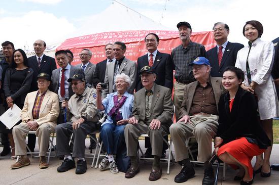 Flying Tigers veterans (front) attend the opening ceremony of the 2019 U.S.-China Cultural Tourism Festival in Las Vegas, the United States, May 10, 2019. (Xinhua/Han Fang)