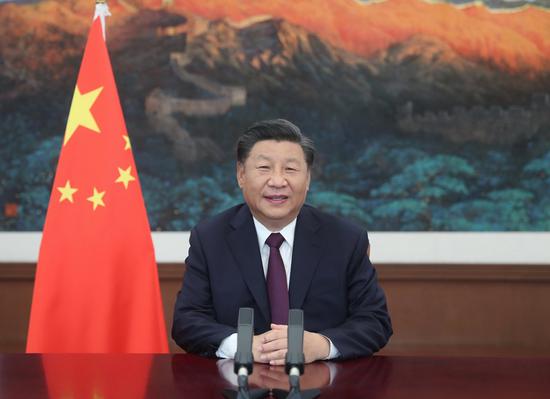 Chinese President Xi Jinping addresses the Global Trade in Services Summit of the 2020 China International Fair for Trade in Services (CIFTIS) via video on Sept. 4, 2020. (Xinhua/Ju Peng)