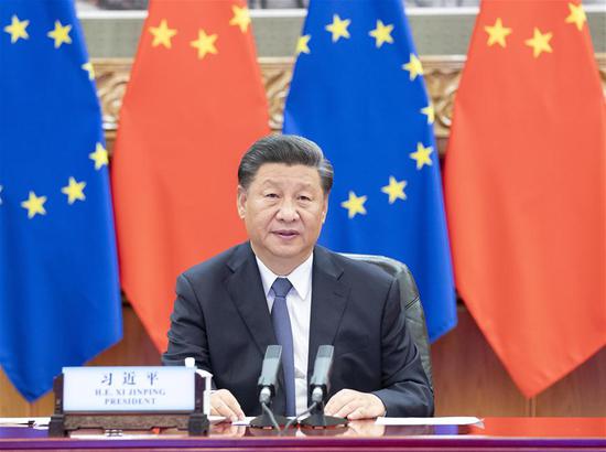 Chinese President Xi Jinping co-hosts a China-Germany-EU leaders' meeting in Beijing, capital of China, Sept. 14, 2020, via video link with German Chancellor Angela Merkel, whose country currently holds the EU's rotating presidency, European Council President Charles Michel and European Commission President Ursula von der Leyen. (Xinhua/Li Tao)