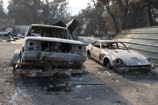 Photo taken on Aug. 28, 2020 shows the wreckage at the site where a wildfire swept through in Vacaville of Solano County, Northern California, the United States. (Photo by Li Jianguo/Xinhua)