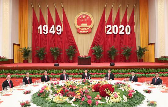 The Communist Party of China and state leaders Xi Jinping, Li Keqiang, Li Zhanshu, Wang Yang, Wang Huning, Zhao Leji, Han Zheng and Wang Qishan, attend a reception to celebrate the 71st anniversary of the founding of the People's Republic of China along with nearly 500 guests from home and abroad in Beijing, capital of China, Sept. 30, 2020. China's State Council on Wednesday held the reception at the Great Hall of the People in Beijing. (Xinhua/Yao Dawei)