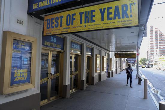 A man walks past a Broadway theater in New York City, the United States, on Oct. 7, 2020. (Xinhua/Wang Ying)