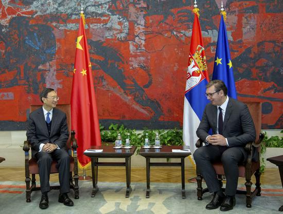 Serbian President Aleksandar Vucic (R) meets with Yang Jiechi (L), a member of the Political Bureau of the Central Committee of the Communist Party of China (CPC) and director of the Office of the Foreign Affairs Commission of the CPC Central Committee, in Belgrade, capital of Serbia, on Oct. 12, 2020. (Xinhua/Shi Zhongyu)