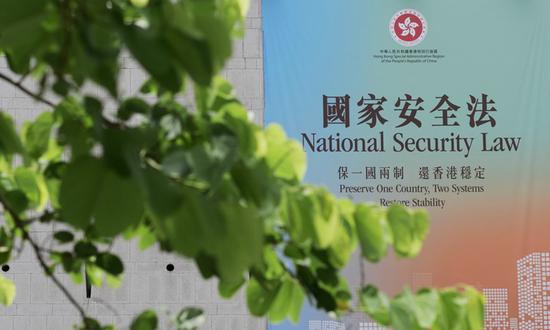A billboard on the Law of the People's Republic of China on Safeguarding National Security in the Hong Kong Special Administrative Region (HKSAR) in Central area in Hong Kong, south China, June 29, 2020. (Xinhua/Wang Shen)