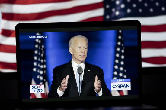 Photo taken in Arlington, Virginia, the United States, on Nov. 7, 2020, shows the live stream of U.S. Democratic nominee Joe Biden delivering a speech in Wilmington, Delaware. (Xinhua/Liu Jie)