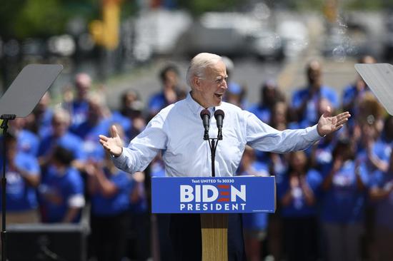 Photo taken on May 18, 2019 shows former U.S. Vice President Joe Biden speaking during a campaign rally in Philadelphia, the United States. (Xinhua/Liu Jie)