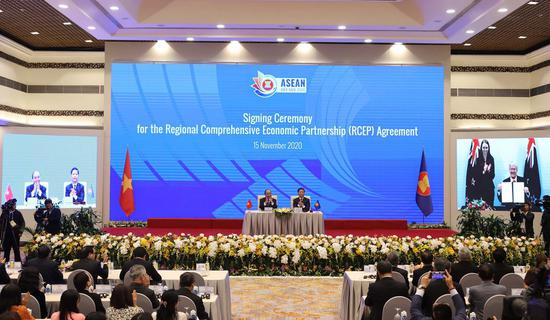 The signing ceremony of the Regional Comprehensive Economic Partnership (RCEP) agreement is held via video conference in Hanoi, capital of Vietnam, Nov. 15, 2020. The RCEP agreement was signed among its 15 participating countries on Sunday, launching the world's biggest free trade bloc. (VNA via Xinhua)