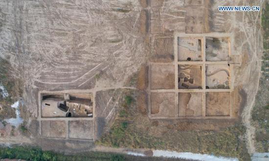 Aerial photo taken on Nov. 3, 2020 shows the excavation area of Yuzhuang Site, the ruins of a late Neolithic civilization dating back more than 4,000 years, in Yexian County, central China's Henan Province. (Henan Provincial Institute of Cultural Heritage and Archaeology/Handout via Xinhua)