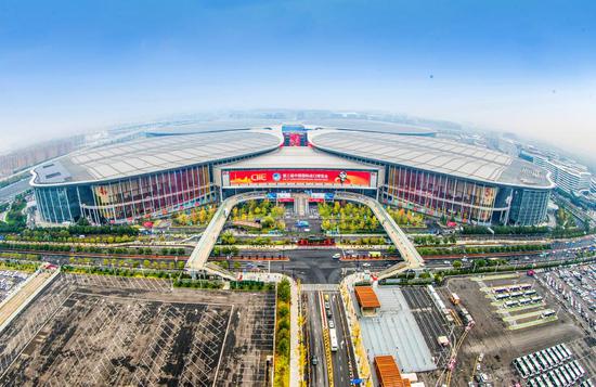 Aerial photo taken on Nov. 3, 2020 shows a view of the National Exhibition and Convention Center (Shanghai), the main venue of the 3rd China International Import Expo (CIIE), in east China's Shanghai. (Photo by Wu Kai/Xinhua)