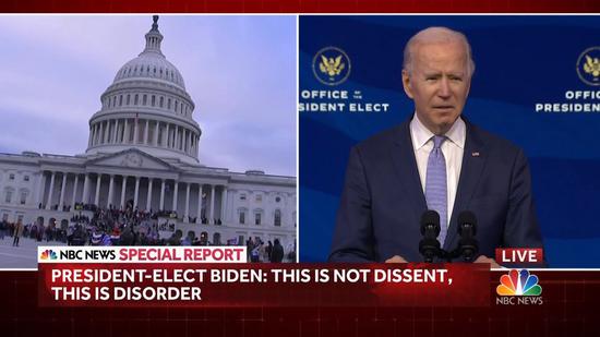 The screengrab from NBC's live broadcast shows U.S. President-elect Joe Biden (R) making remarks in Wilmington, Delaware, Jan. 6, 2021, after protesters broke into the U.S. Capitol in Washington, D.C. and forced proceedings to formally count the Electoral College votes to halt. (Xinhua)