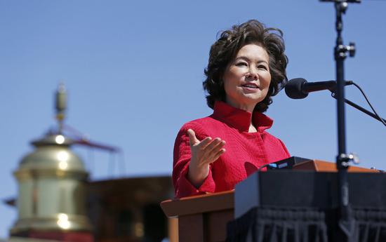 U.S. Secretary of Transportation Elaine L. Chao delivers a speech during the celebration for the 150th anniversary of the completion of the nation's first transcontinental railroad, to which thousands of Chinese railroad workers have made great contribution, at the Golden Spike National Historical Park at Promontory Summit, Salt Lake City, the United States, May 10, 2019. (Xinhua/Li Ying)