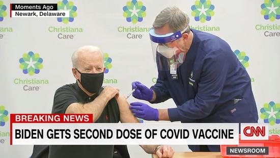 The screengrab taken from the web stream of CNN shows U.S. President-elect Joe Biden receiving the second dose of the COVID-19 vaccine on Jan. 11, 2021, at a hospital in Newark, Delaware. (Xinhua)