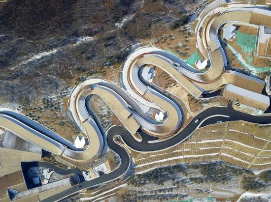 An aerial photo taken on Jan. 19, 2021, shows the National Sliding Center in Yanqing District, Beijing. (Xinhua/Zhang Chenlin)