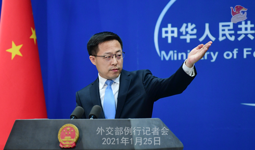 Spokesperson Zhao Lijian speaks at a regular press conference of Foreign Ministry on Jan. 25, 2021. (Photo from the Foreign Ministry website)