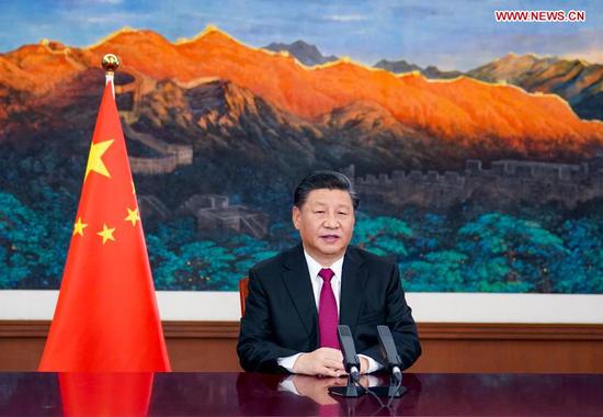 Chinese President Xi Jinping attends the World Economic Forum (WEF) Virtual Event of the Davos Agenda and delivers a special address via video link in Beijing, capital of China, Jan. 25, 2021. (Xinhua/Li Xueren)