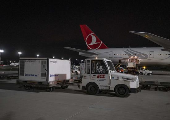 Workers unload a shipment containing boxes of China's Sinovac COVID-19 vaccines at Istanbul Airport in Istanbul, Turkey, Jan. 25, 2021. (Xinhua/Osman Orsal)
