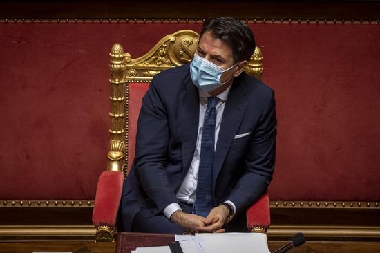 Photo taken on Jan. 19, 2021 showed Italian Prime Minister Giuseppe Conte attends a debate ahead of a confidence vote in Senate in Rome, Italy. (Pool via Xinhua)