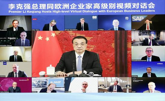 Chinese Premier Li Keqiang attends a high-level virtual dialogue with European business leaders in Beijing, capital of China, Feb. 5, 2021. (Xinhua/Ding Lin)