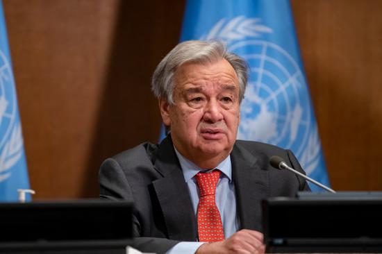 United Nations Secretary-General Antonio Guterres delivers a speech at the Climate Ambition Summit at the UN headquarters in New York, on Dec. 12, 2020. (Mark Garten/UN Photo/Handout via Xinhua)