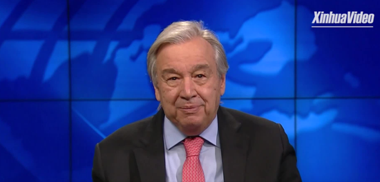 The United States, together with all members of the Group of 20 largest economies in the world, has a decisive role in delivering three main objectives: the long-term vision, the decade of transformation, and urgent climate action now, says UN Secretary-General Antonio Guterres on Feb. 19, 2021. (A screenshot from Xinhua)