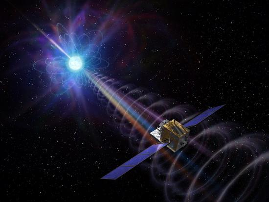 Simulated image shows China's Hard X-ray Modulation Telescope, the country's space science satellite also known as Insight, detects a fast radio burst (FRB) signal from a magnetar in the Milky Way. (Image provided by the Institute of High Energy Physics under the Chinese Academy of Sciences)