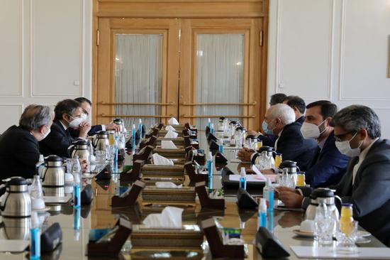 The Atomic Energy Organization of Iran meets with Director General of the International Atomic Energy Agency Rafael Grossi on Feb. 21, 2021. (IRNA/Handout via Xinhua)