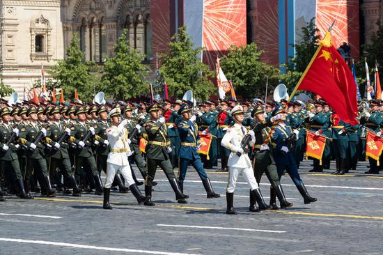 The Guard of Honor of the Chinese People's Liberation Army (PLA) take part in the military parade marking the 75th anniversary of the victory in the Great Patriotic War on Red Square in Moscow, Russia, June 24, 2020. (Xinhua/Bai Xueqi)