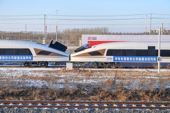 Two eight-car high-speed trains collide in a crashworthiness test in the city of Changchun, northeast China's Jilin Province, March 3, 2021. (Xinhua/Zhang Nan)