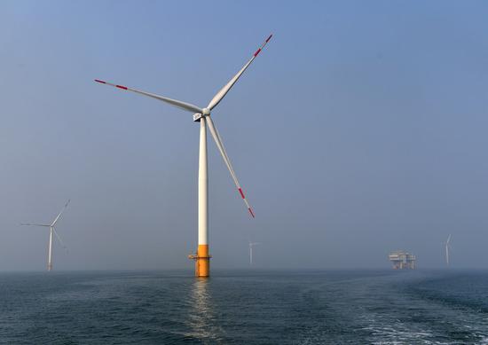 Photo taken on July 19, 2020 shows the Puti Island offshore windfarm in Laoting County, north China's Hebei Province. (Xinhua/Yang Shiyao)