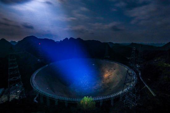 Panoramic photo taken on Jan. 8, 2020 shows China's Five-hundred-meter Aperture Spherical Radio Telescope (FAST) under maintenance in southwest China's Guizhou Province. (Xinhua/Ou Dongqu)