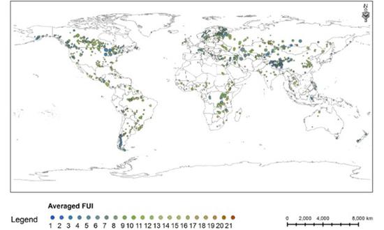 Average FUI of global large lakes and reservoirs (Photo/Courtesy of Zhang Bing)