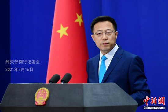 Zhao Lijian, the spokesman for the Chinese Foreign Ministry, addresses a press conference on March 16, 2021. (Photo/China News Service)