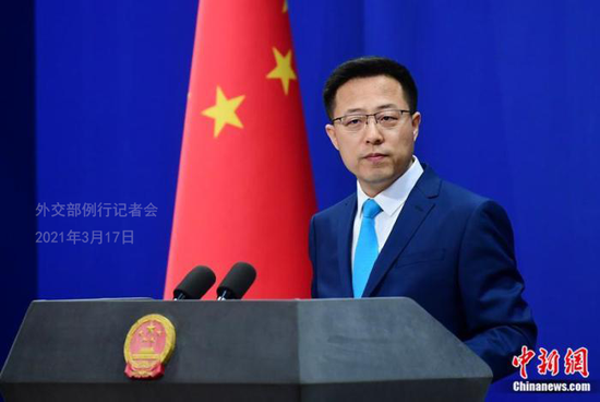Zhao Lijian, the spokesman for the Chinese Foreign Ministry, addresses a press conference on March 17, 2021. (Photo/China News Service)