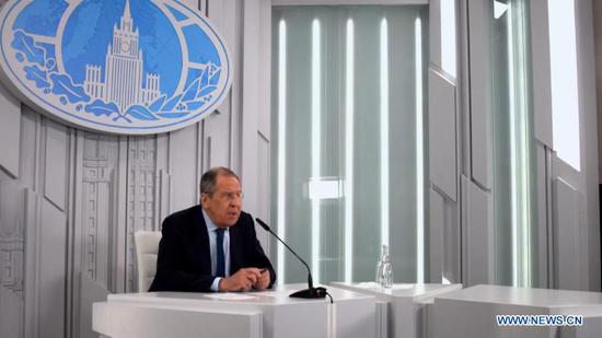 Screen shot taken on March 19, 2021 shows Russian Foreign Minister Sergei Lavrov in an online interview ahead of his visit to China. China is a truly strategic partner of Russia and a like-minded country, and their mutually trusting and respectful dialogue should serve as an example to other countries, Russian Foreign Minister Sergei Lavrov has said. (Xinhua)