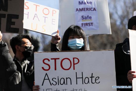 People take part in a protest against Asian hate in New York, the United States, on March 21, 2021. Eight people, six Asians and two Whites, were killed in shooting incidents in the Atlanta area by a suspect this week. The attacks came amid a troubling spike in violence against the Asian American community during the coronavirus pandemic. (Xinhua/Wang Ying)
