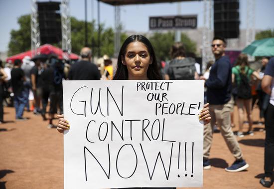 College student Jennifer Estrada takes part in a rally for gun control and anti-racism, in El Paso of Texas, the United States, on Aug. 7, 2019. (Xinhua/Wang Ying)