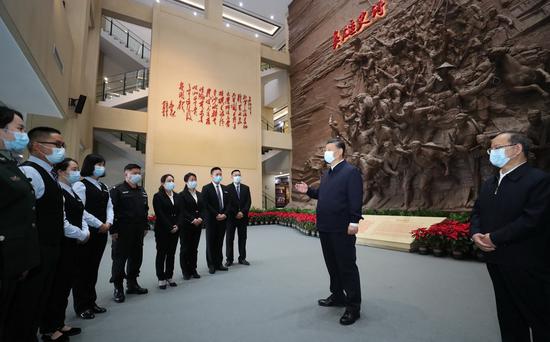 Chinese President Xi Jinping, also general secretary of the Communist Party of China Central Committee and chairman of the Central Military Commission, visits a memorial hall in a memorial park dedicated to the Battle of the Xiangjiang River during the Long March in the 1930s, in Caiwan, a town in Quanzhou County in the city of Guilin, south China's Guangxi Zhuang Autonomous Region, April 25, 2021. (Xinhua/Ju Peng)