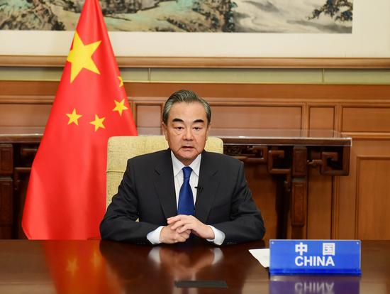 Chinese State Councilor and Foreign Minister Wang Yi on Friday addressed in Beijing the 10th anniversary commemoration of the Pacific Alliance via video link. (Photo/fmprc.gov.cn)